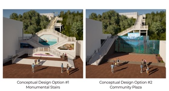 Conceptual Design Option 1 (Monumental Stairs) and Conceptual Design Option 2 (Community Plaza)