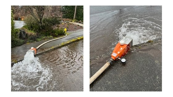 different views of routine water main flushing maintenance into street