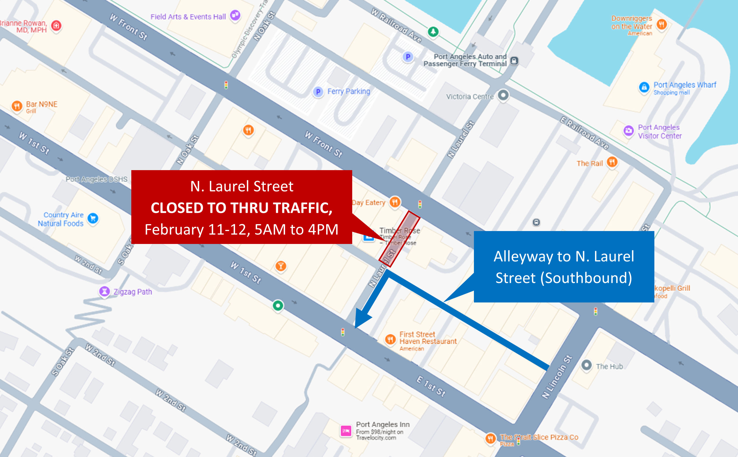 N Laurel Street will be closed to thru traffic on Feb 11-12 from 5 a.m. to 4 p.m. daily. 