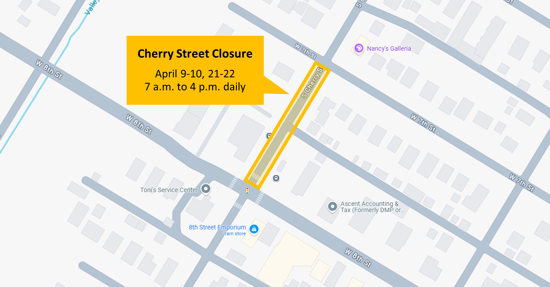 Cherry Street will be partially closed (between 7th and 8th Street) on April 9-10 and April 21-22. 