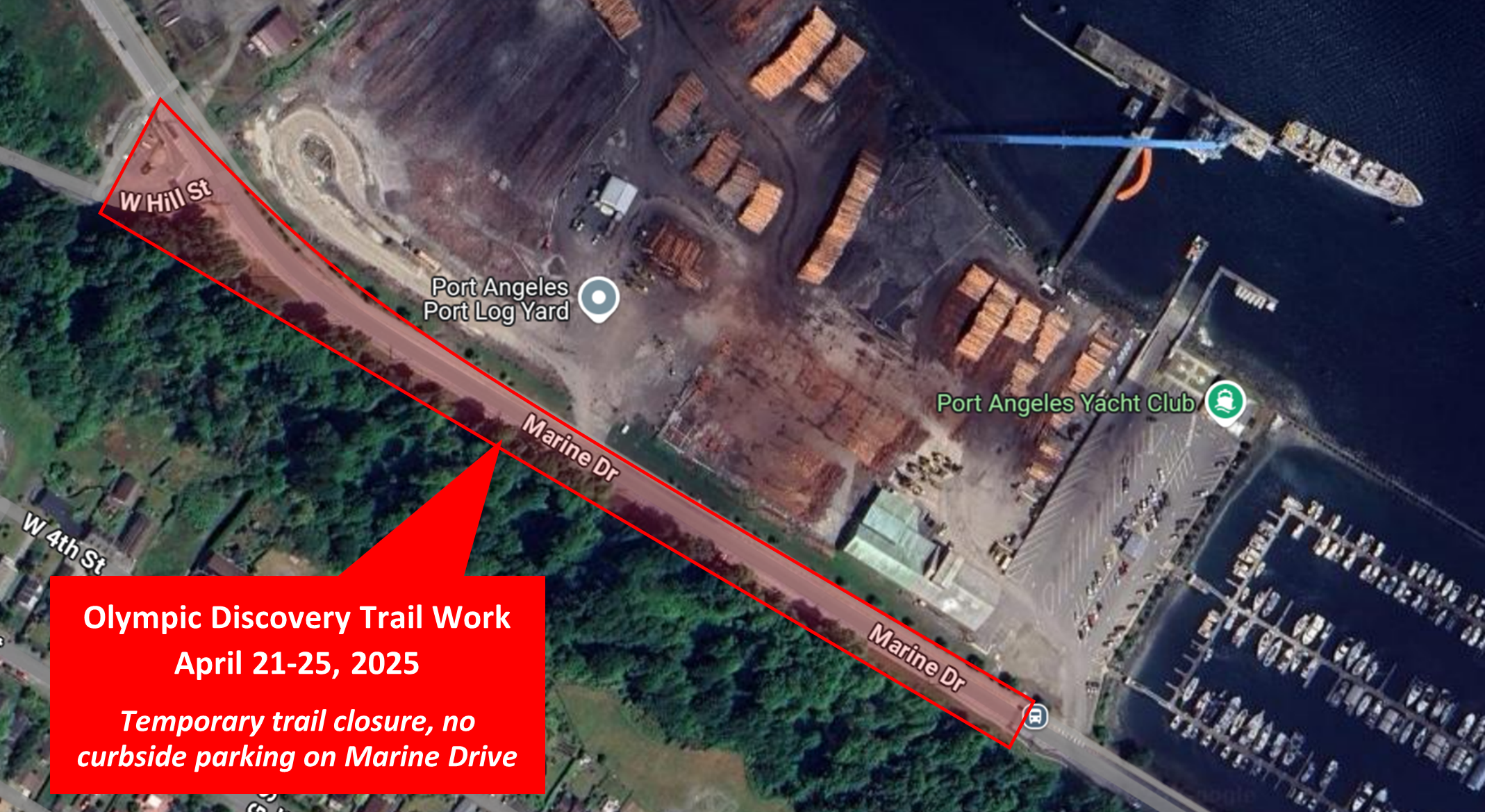 The Olympic Discovery Trail will be closed from Hill Street to the Yacht Club. 