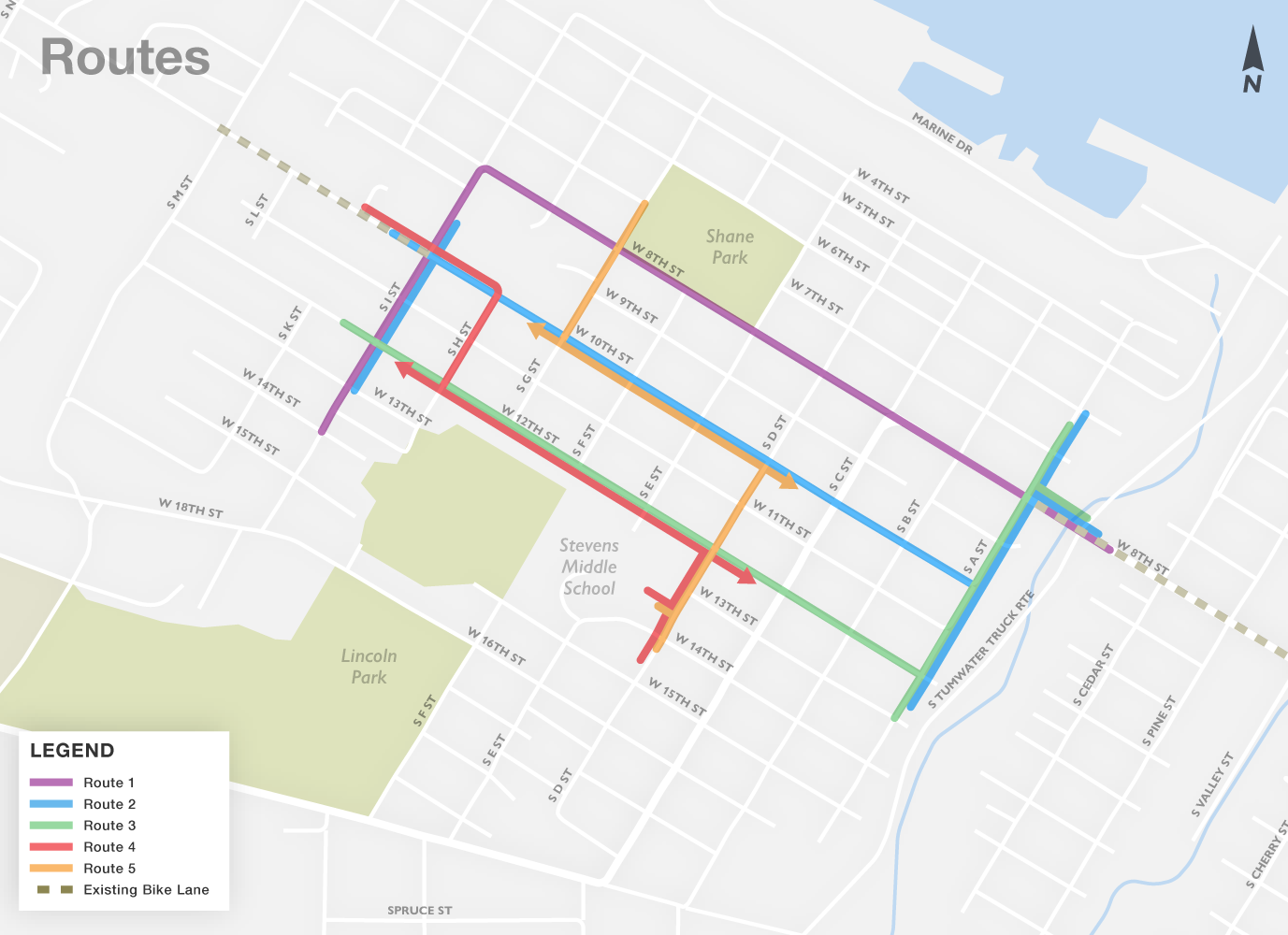 Five possible bike routes as listed in the online survey