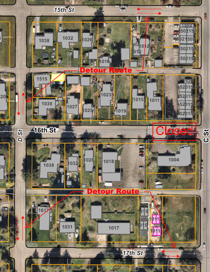 Detour route for 16th and C Street Intersection